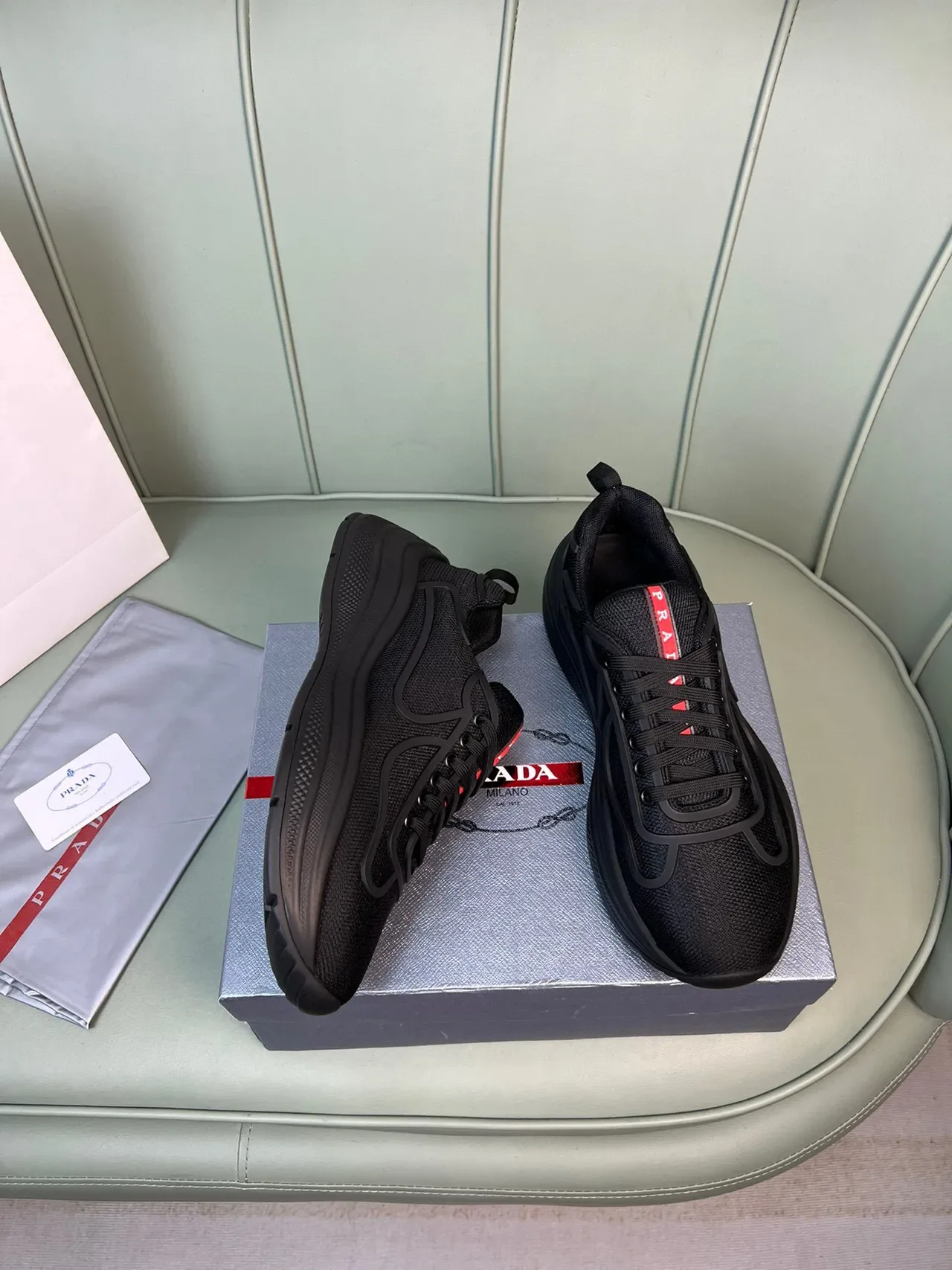 Prada Cloudbust Black Red Mesh Upper Molded Wave Overlay Chunky Sneakers 5