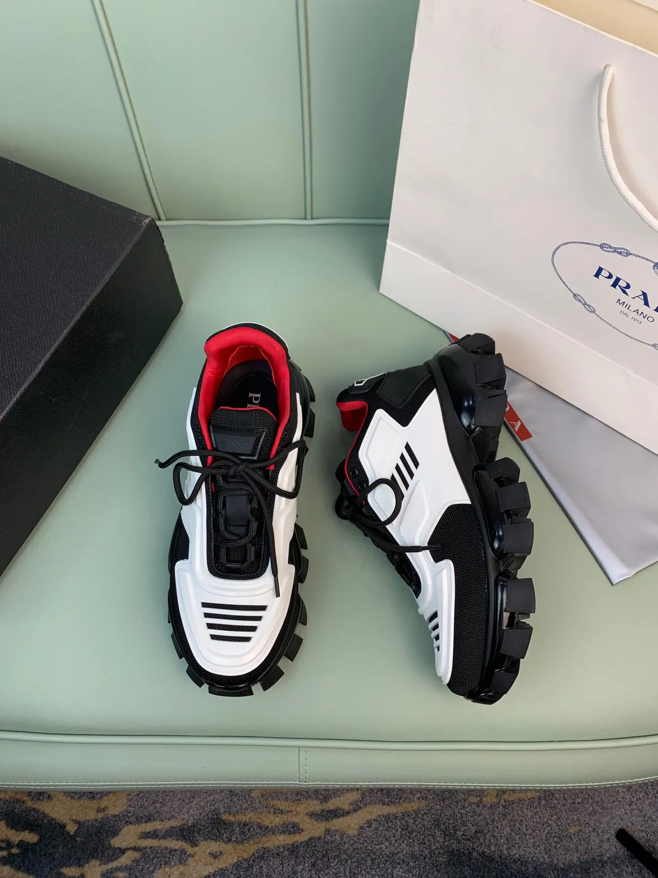 Prada Cloudbust Black White Lug Sole Geometric Paneling Chunky Sneakers 4