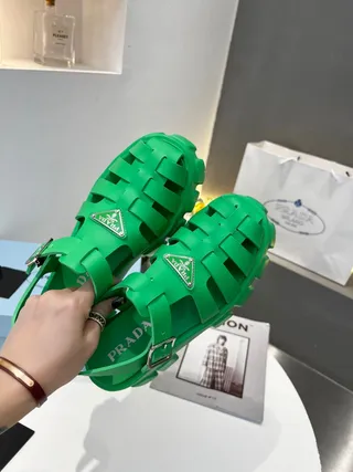 Prada Cloudbust Green Silver Chunky Platform T-Strap Gladiator Sandals 2