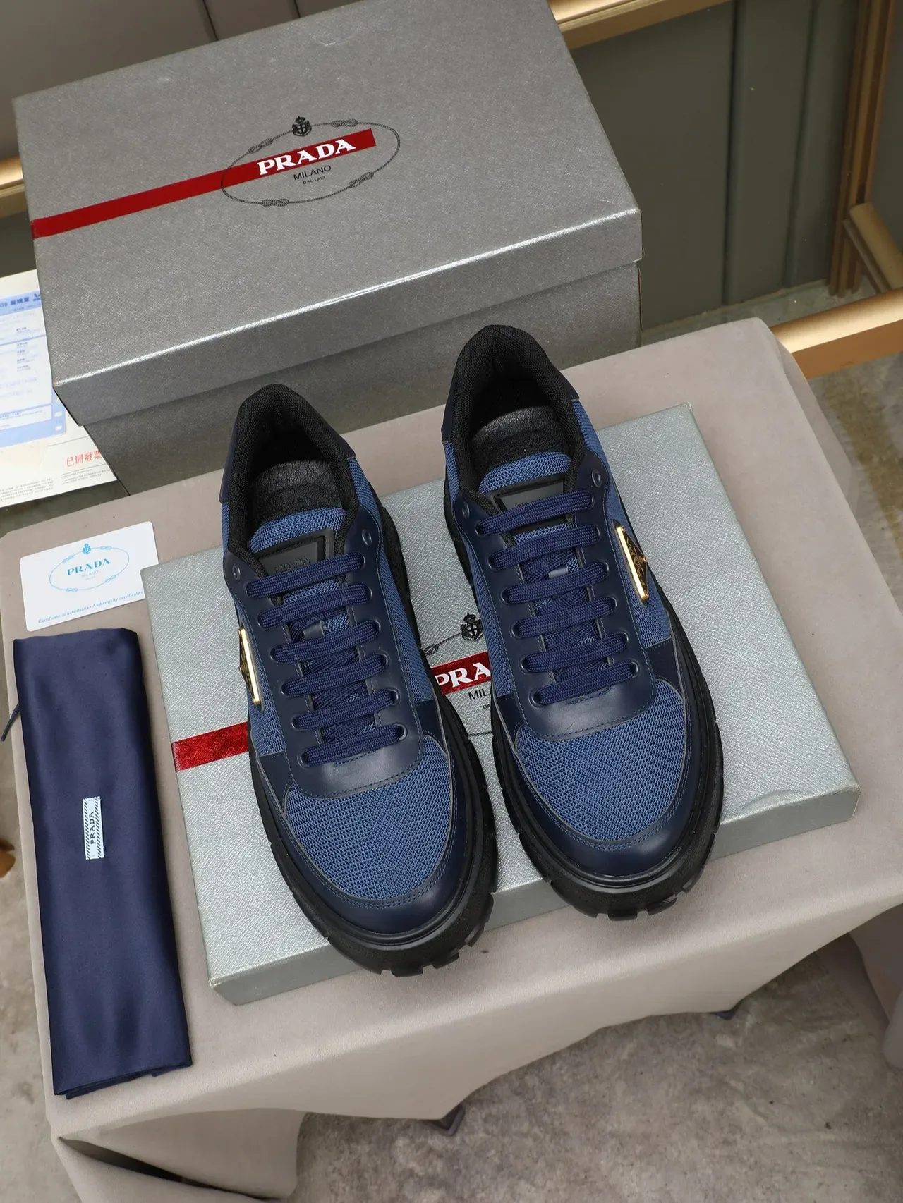 Prada Cloudbust Navy Black Mesh And Leather Upper Triangular Logo Plaque Chunky Sneakers 2