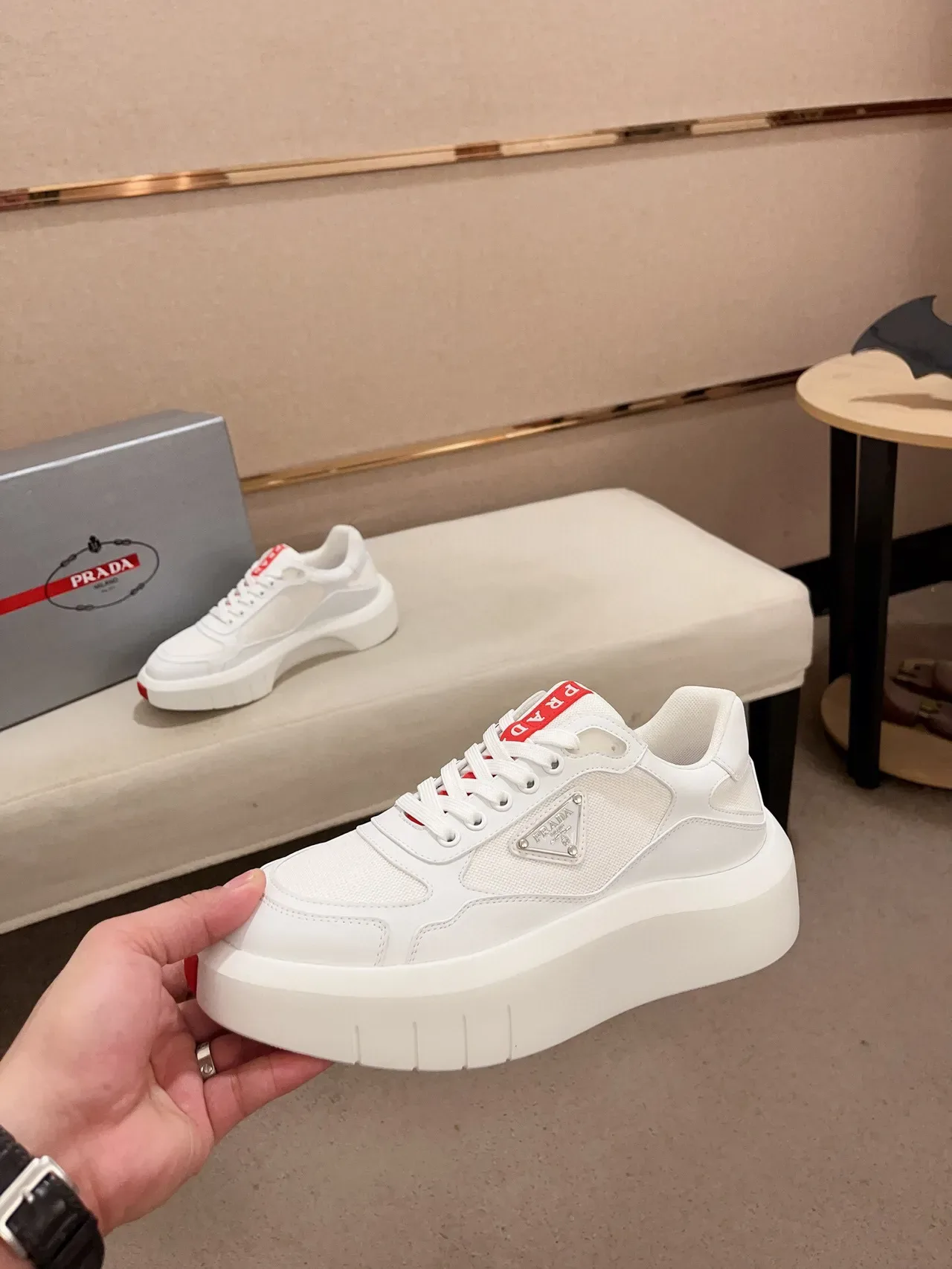 Prada Cloudbust White Red Chunky Platform Sole Mixed-Material Upper Lifestyle Sneakers 3