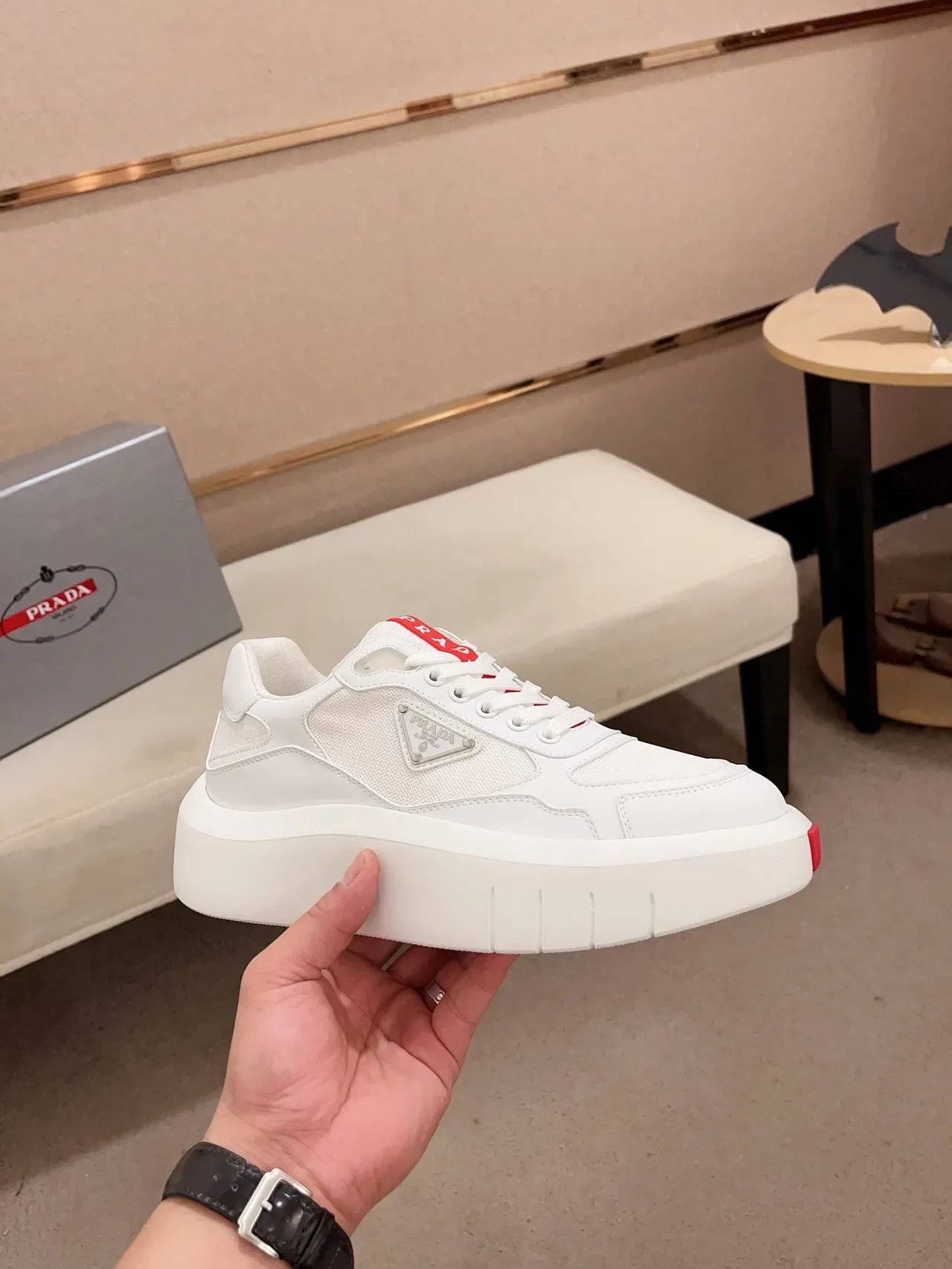 Prada Cloudbust White Red Chunky Platform Sole Mixed-Material Upper Lifestyle Sneakers 4