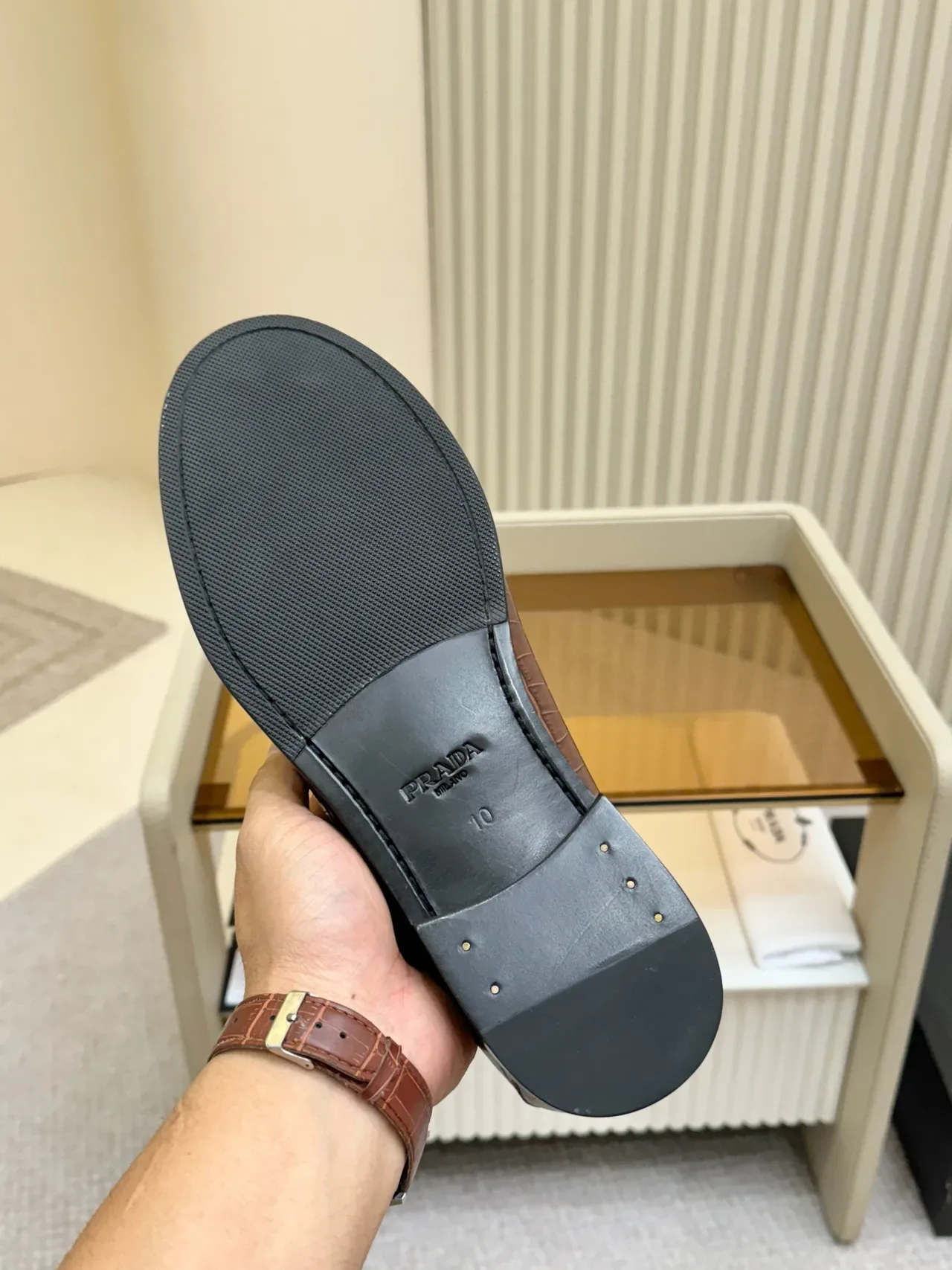 Prada Loafer Brown Black Croc-Embossed Leather Metal Plaque Buckle Loafer 2