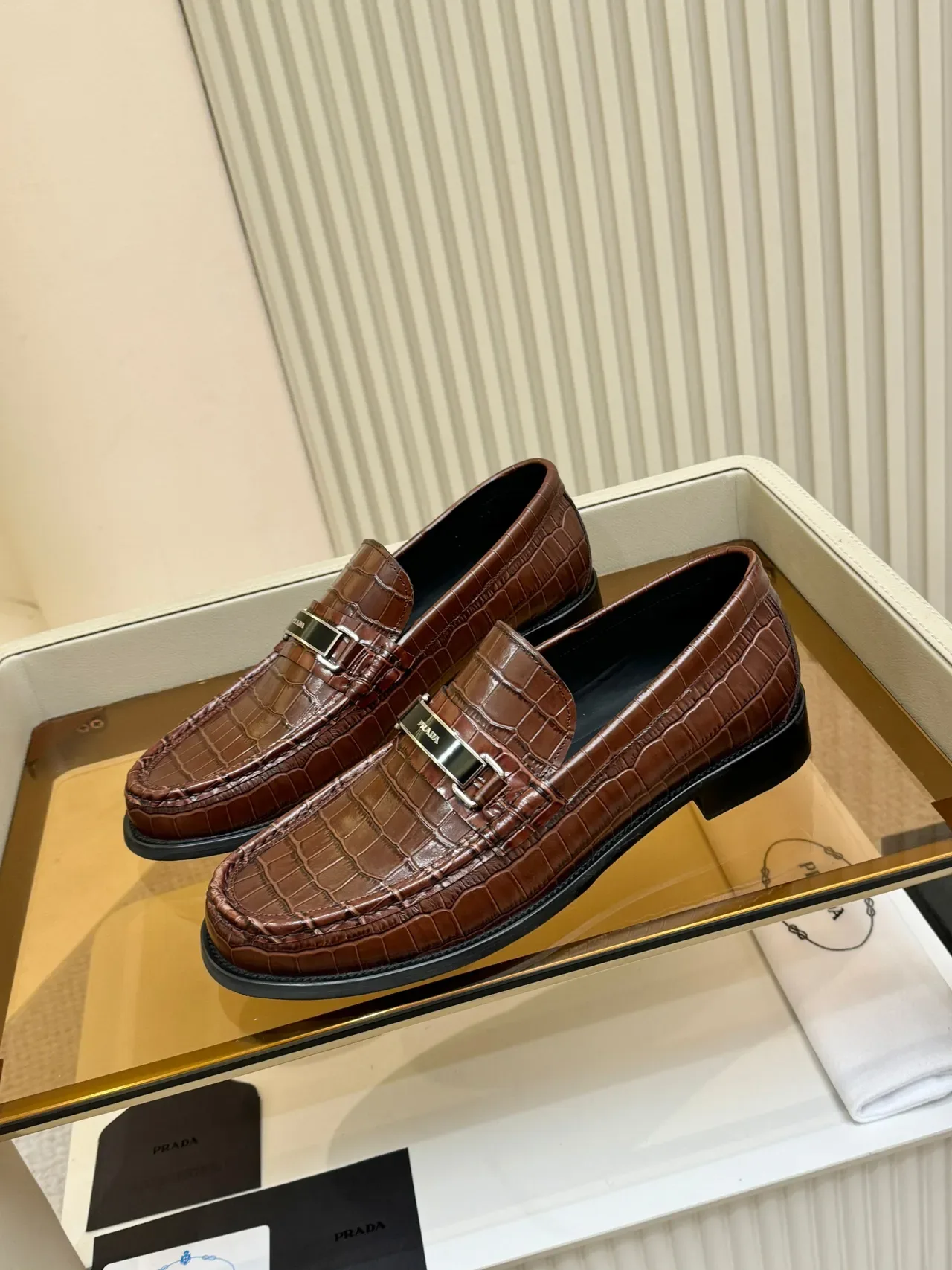 Prada Loafer Brown Black Croc-Embossed Leather Metal Plaque Buckle Loafer 4