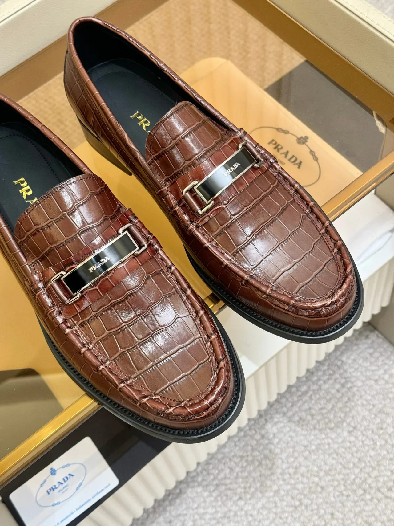 Prada Loafer Brown Black Croc-Embossed Leather Metal Plaque Buckle Loafer 5