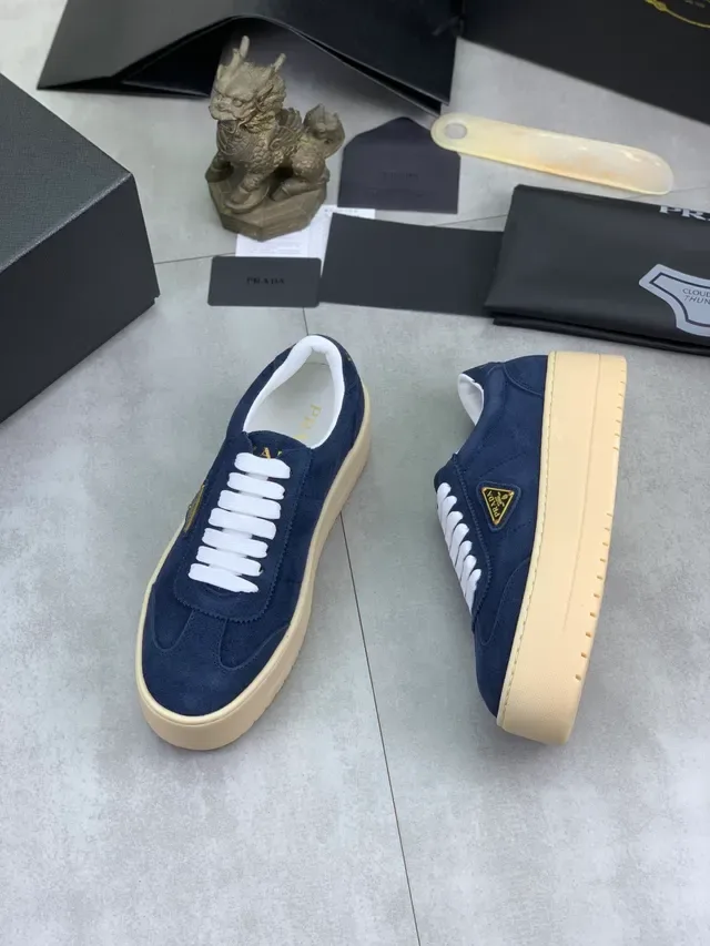 Prada Navy Beige Suede Upper White Flat Laces Lifestyle Sneakers 5