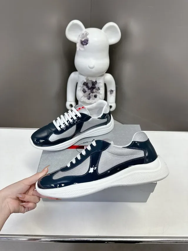 Prada Zapatillas Lifestyle Marino Plata Cuero Patent Brillante Punta Paneles Malla Laterales 4