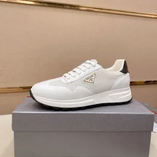 Prada White Black Leather And Mesh Upper Triangular Logo Plaque Lifestyle Sneakers