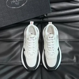 Prada White Black Mesh And Leather Upper Side Panel Contrast Sneakers
