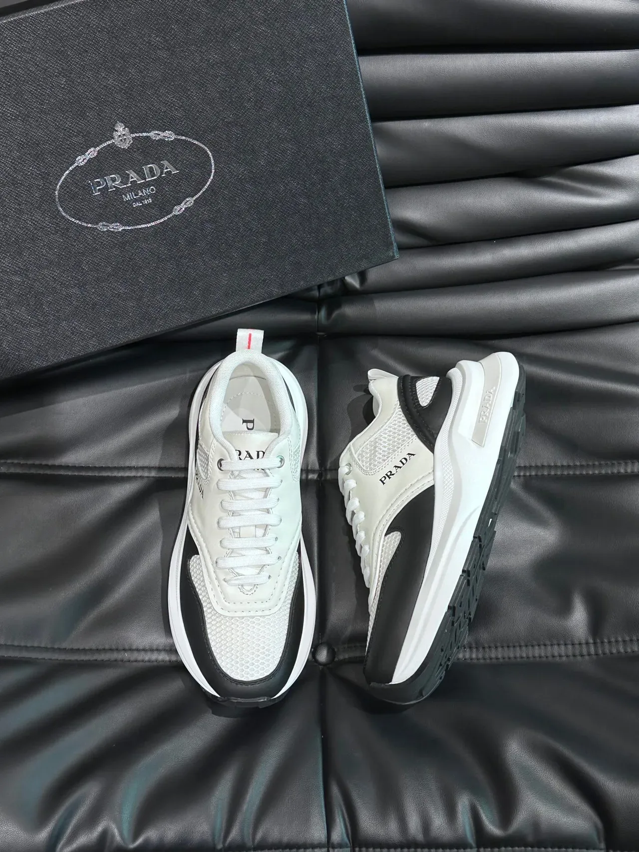 Prada White Black Mesh And Leather Upper Side Panel Contrast Sneakers 2
