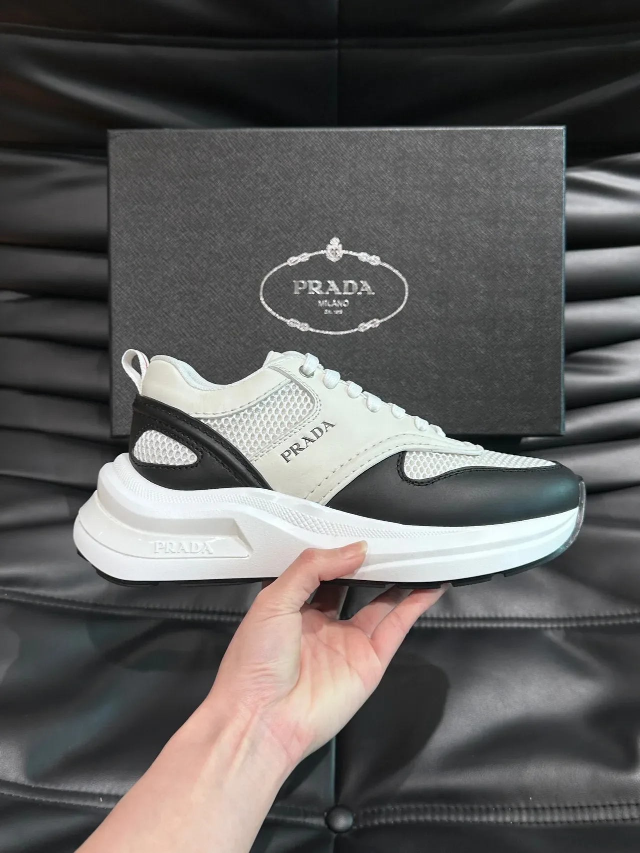 Prada White Black Mesh And Leather Upper Side Panel Contrast Sneakers 4