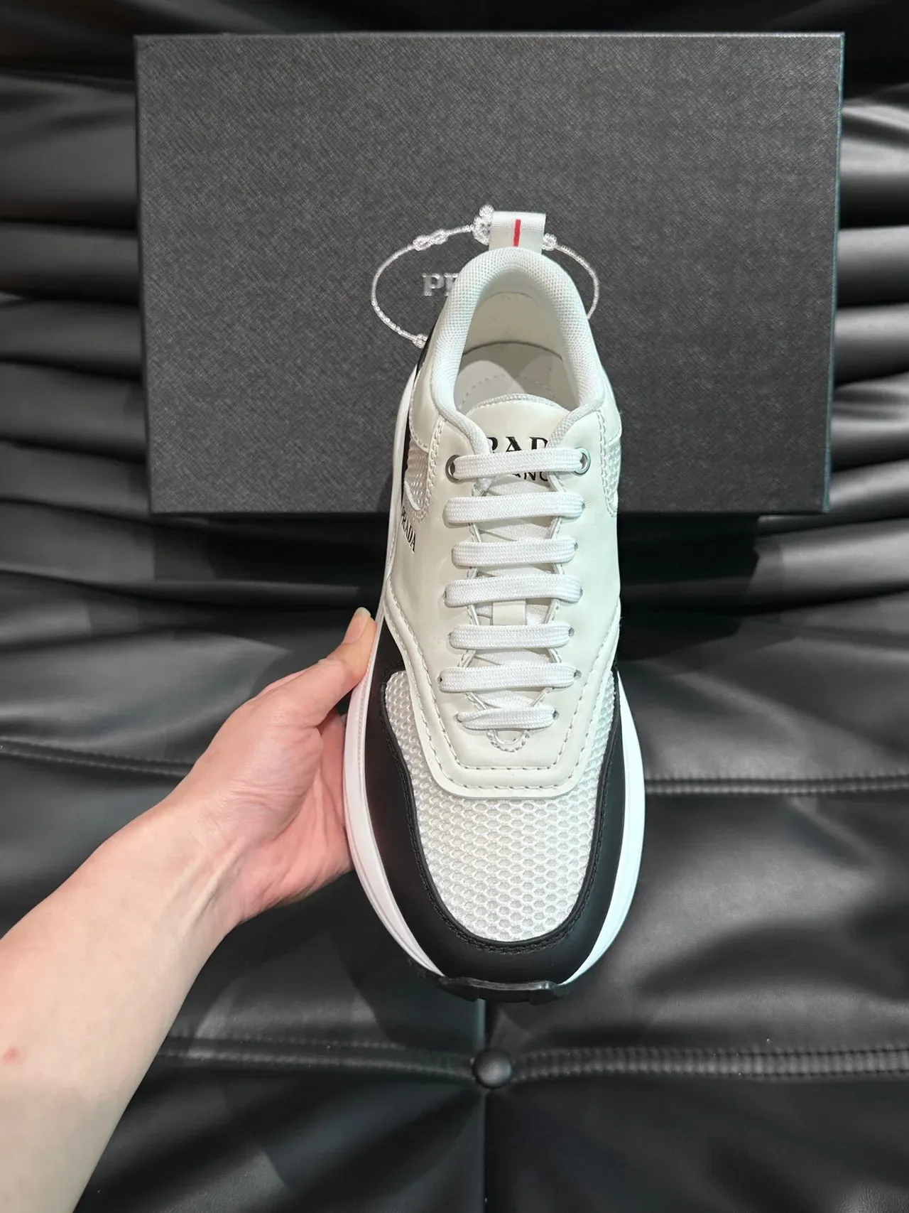 Prada White Black Mesh And Leather Upper Side Panel Contrast Sneakers 5