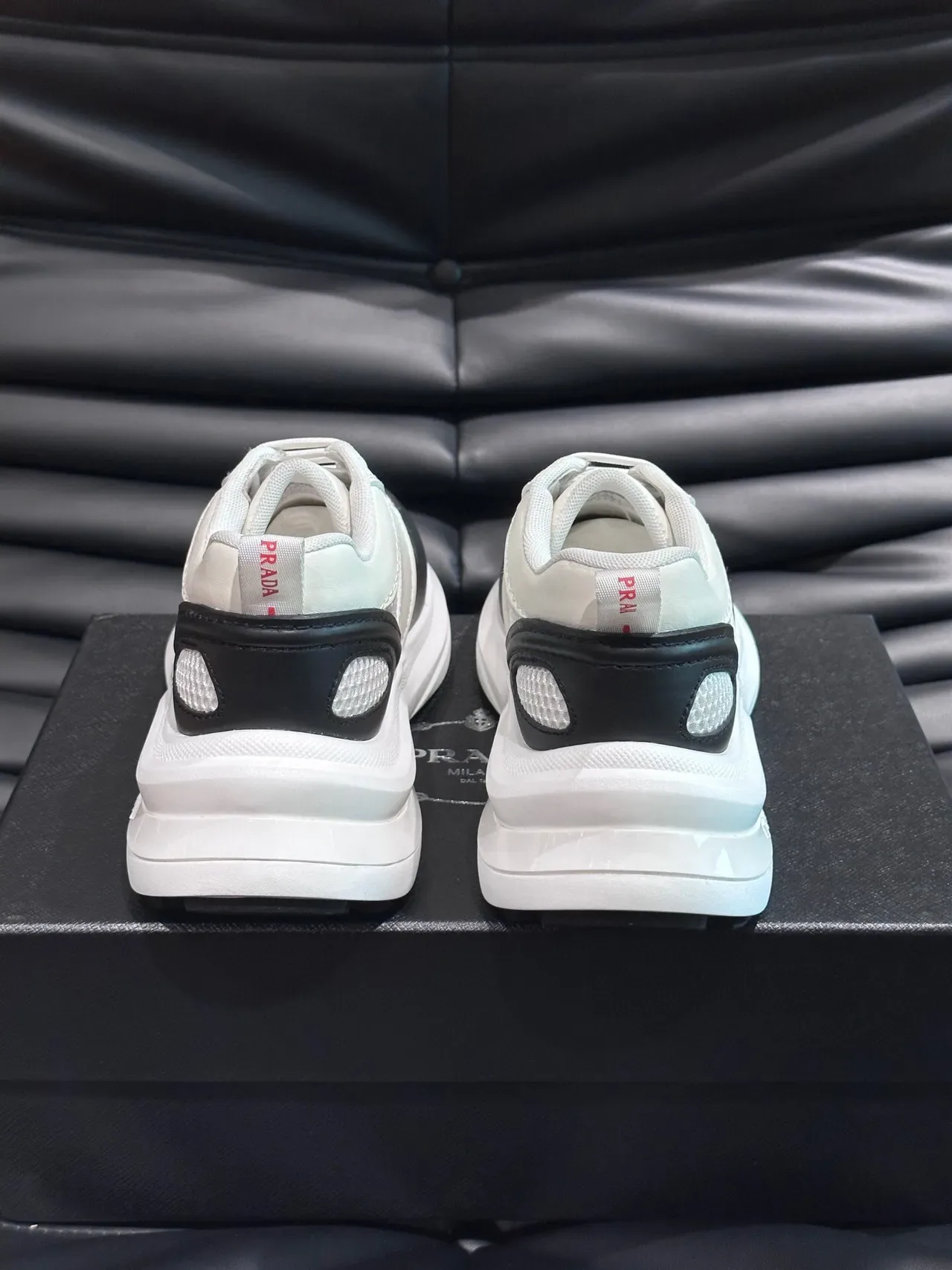 Prada White Black Mesh And Leather Upper Side Panel Contrast Sneakers 7