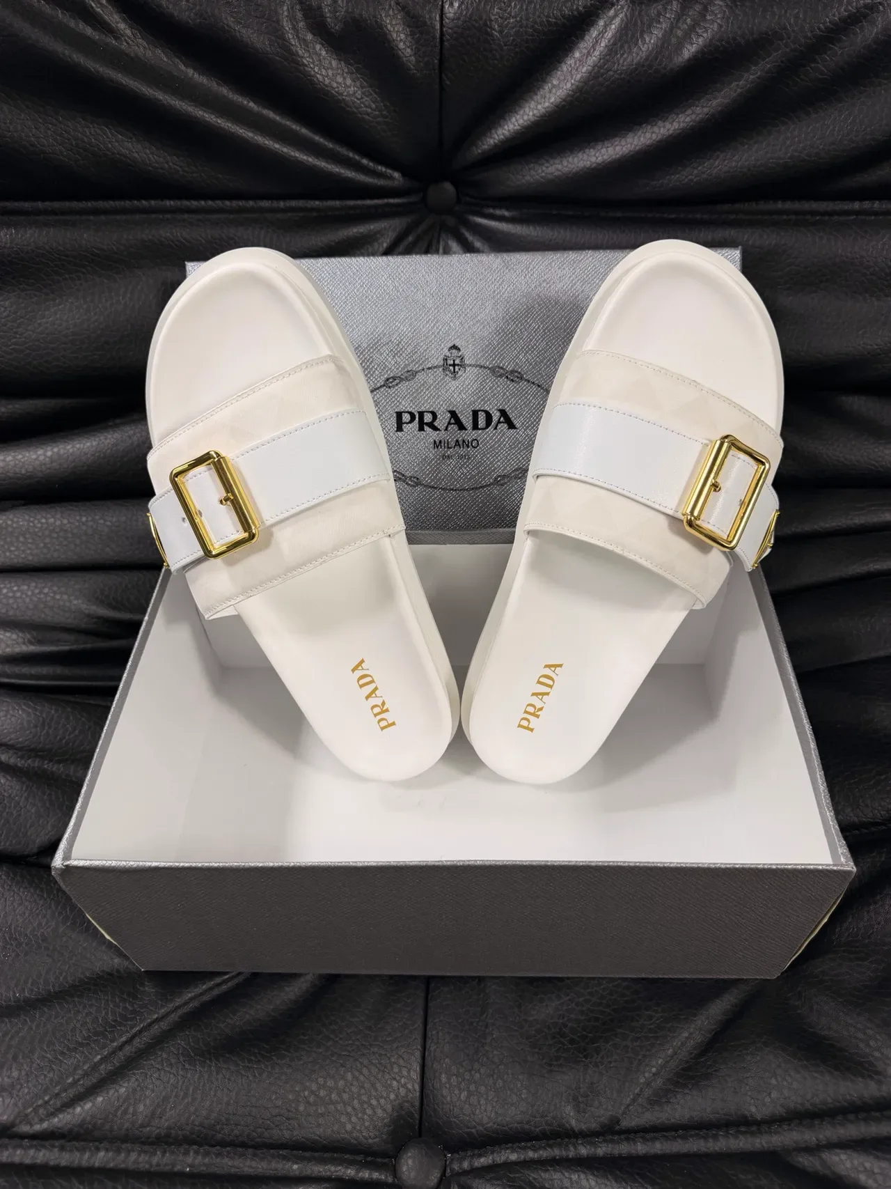 Prada White Gold Leather-Like Upper Rectangular Buckle Slippers 3