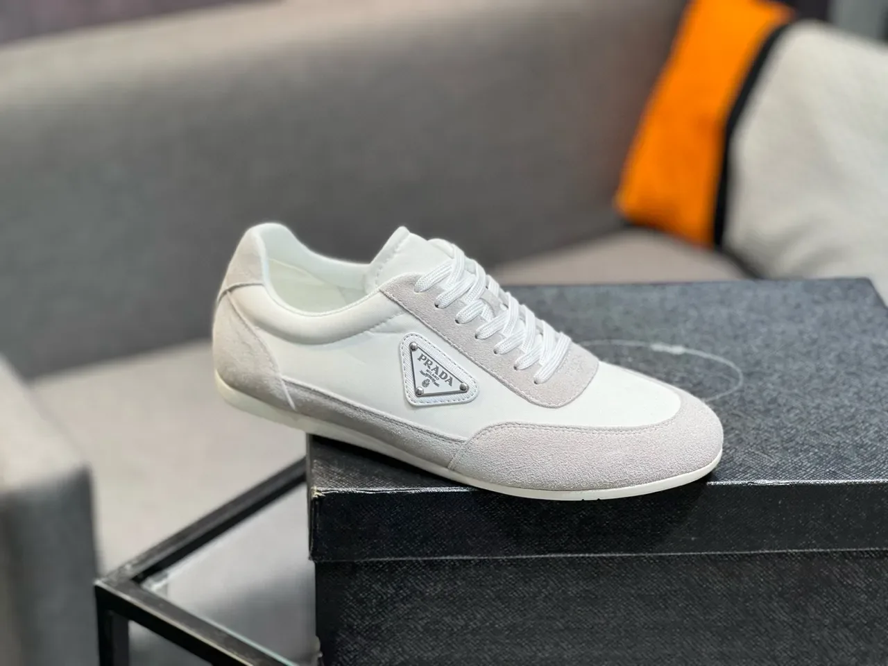 Prada White Gray Low-Top Suede-Leather Panelled Lifestyle Sneakers 4