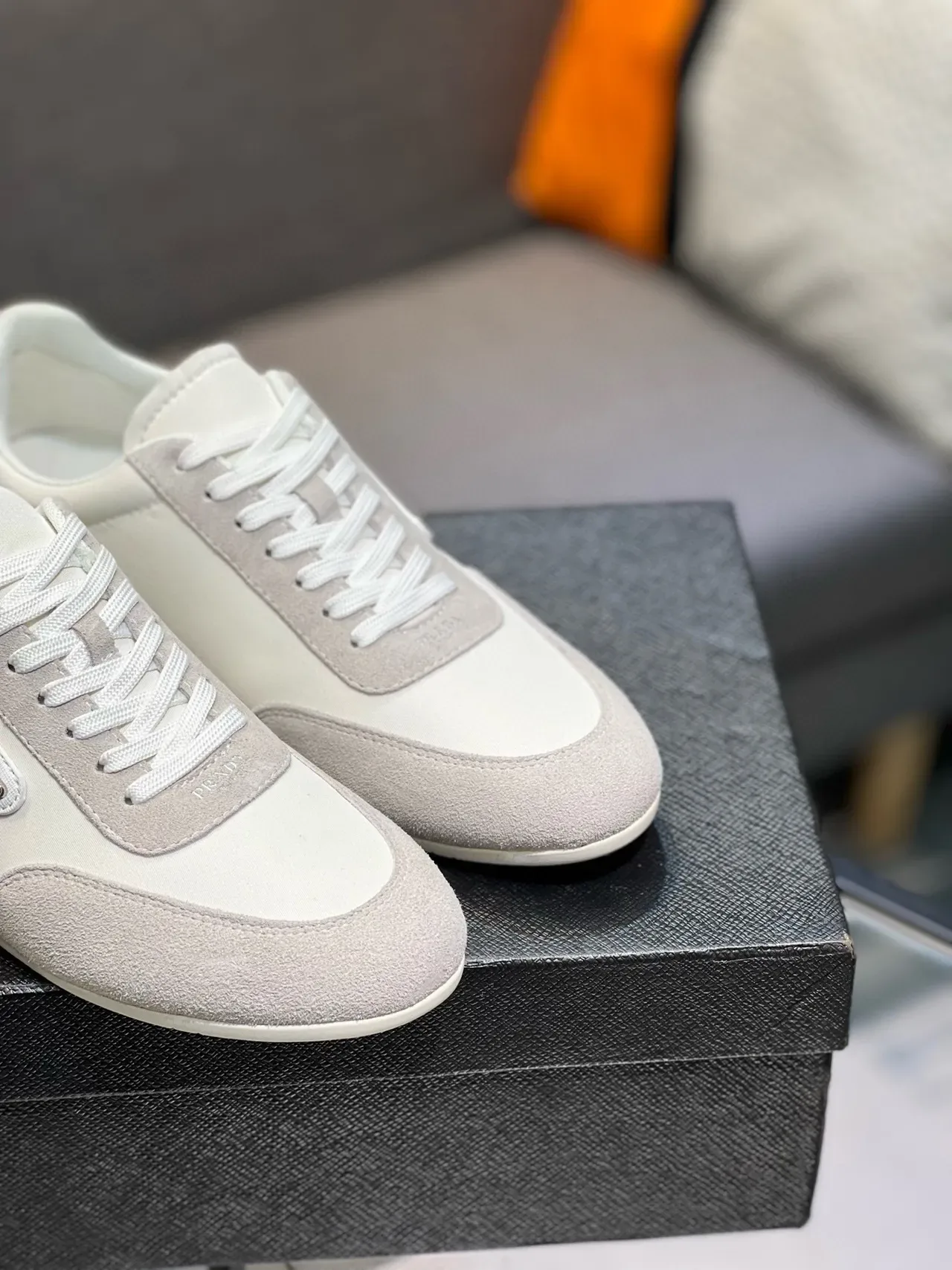 Prada White Gray Low-Top Suede-Leather Panelled Lifestyle Sneakers 5
