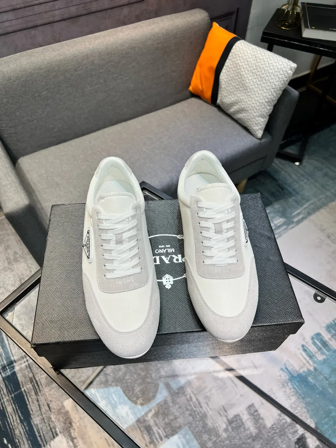 Prada White Gray Low-Top Suede-Leather Panelled Lifestyle Sneakers 6