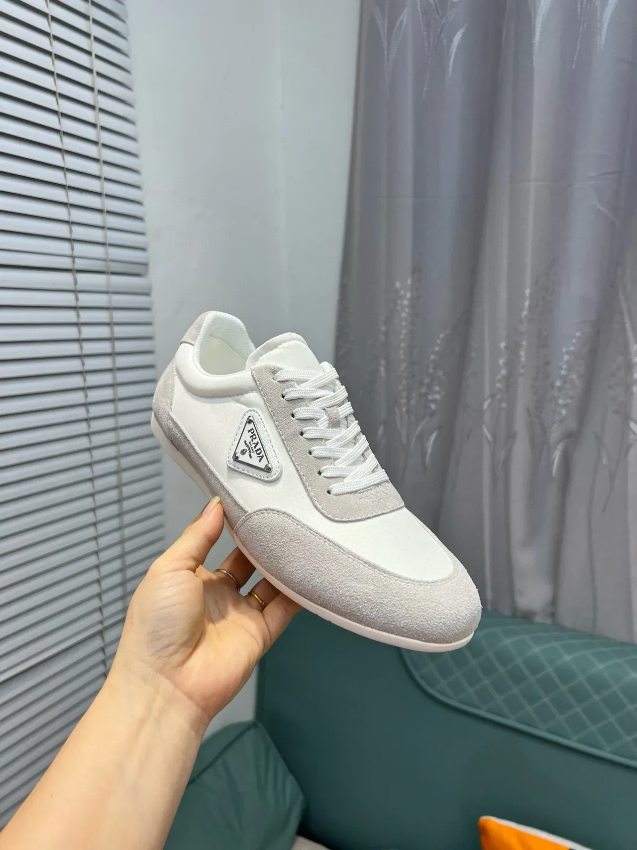 Prada White Gray Low-Top Suede-Leather Panelled Lifestyle Sneakers 7