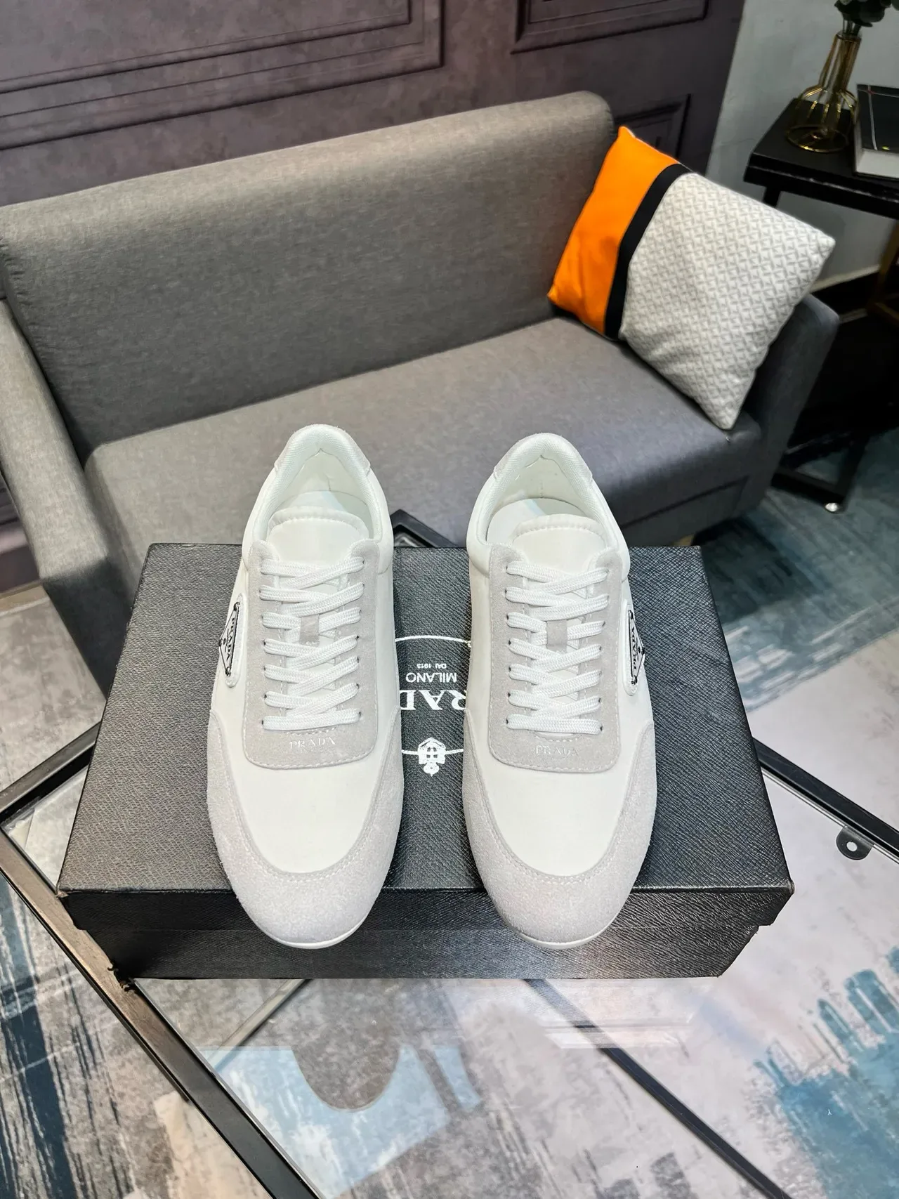 Prada White Gray Low-Top Suede-Leather Panelled Lifestyle Sneakers 8