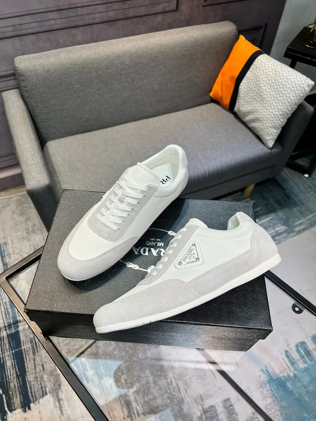 Prada White Gray Low-Top Suede-Leather Panelled Lifestyle Sneakers 9