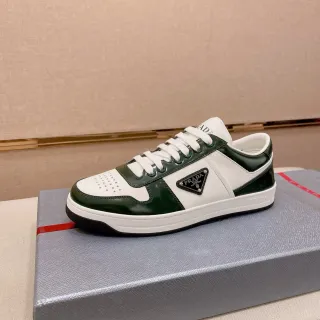 Prada White Green Two-Tone Leather Perforated Toe Cap Lifestyle Sneakers