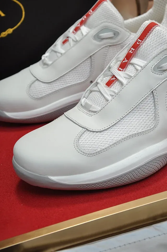 Prada White Red Laceless Slip-On Mesh-and-Leather Paneling Lifestyle Sneakers 3
