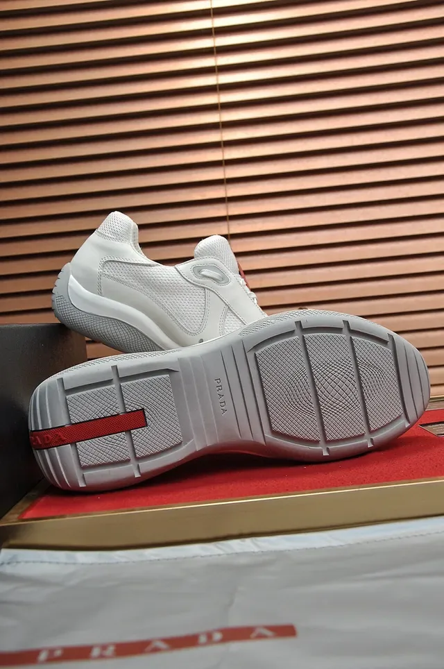 Prada White Red Laceless Slip-On Mesh-and-Leather Paneling Lifestyle Sneakers 4