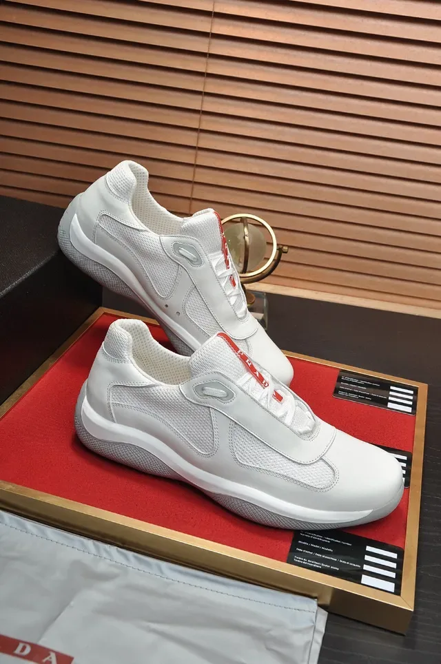 Prada White Red Laceless Slip-On Mesh-and-Leather Paneling Lifestyle Sneakers 5