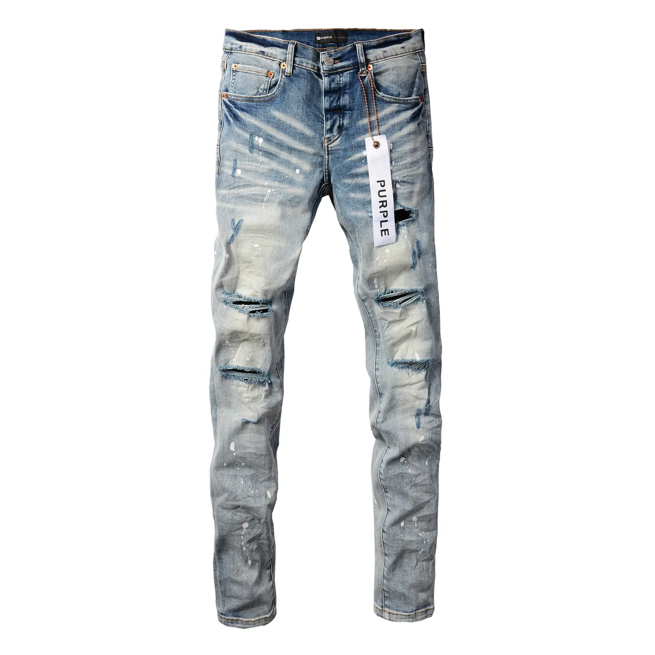 Purple Brand Pantalones Vaqueros Desgastados con Salpicaduras de Pintura Lavado Ligero Rasgados 3