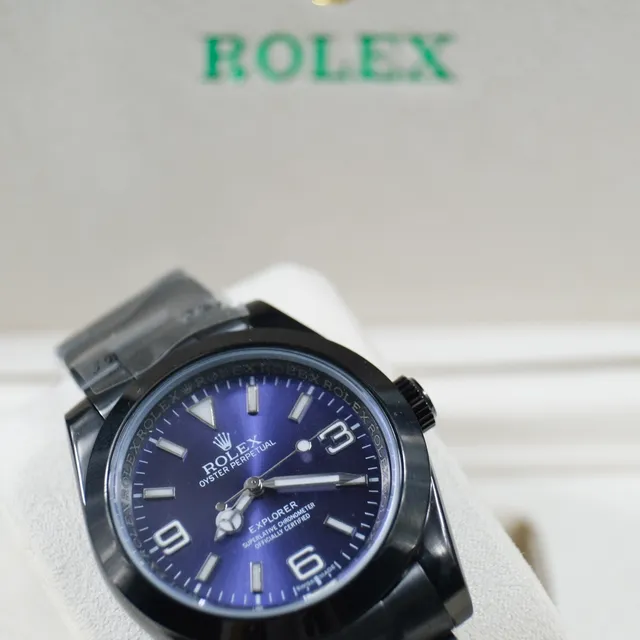 Rolex Explorer Oyster Perpetual esfera azul caixa preta relógio mecânico 5