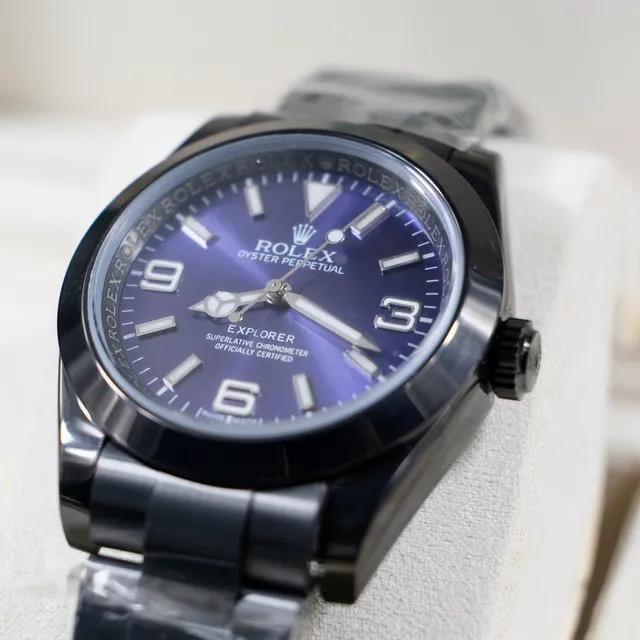 Rolex Explorer Oyster Perpetual esfera azul caixa preta relógio mecânico 8