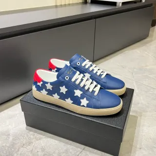 Saint Laurent नीला लाल चमड़े के ऊपरी स्टार एप्लिके पैटर्न लाइफस्टाइल स्नीकर