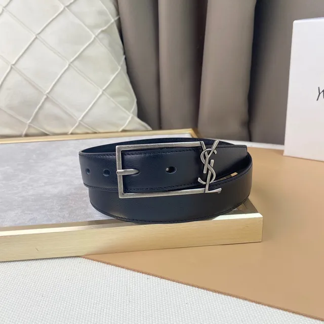 Saint Laurent क्लासिक मोनोग्राम बेल्ट काला चमड़ी का बेल्ट 4