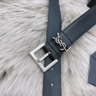 Saint Laurent Monogram Belt काला चांदी चिकना आयताकार बकल चमड़े का बेल्ट