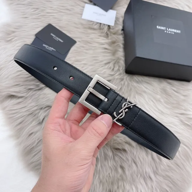 Saint Laurent Monogram 腰带 黑色银色 光滑矩形扣头 皮革腰带 2