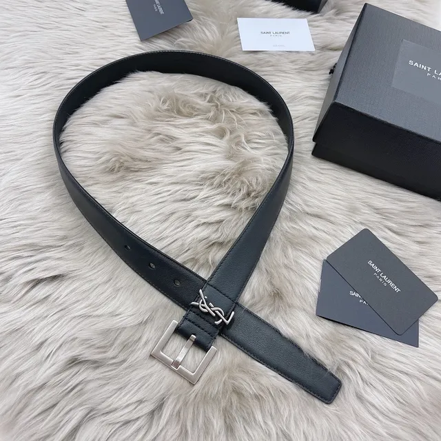 Saint Laurent Monogram 腰带 黑色银色 光滑矩形扣头 皮革腰带 3
