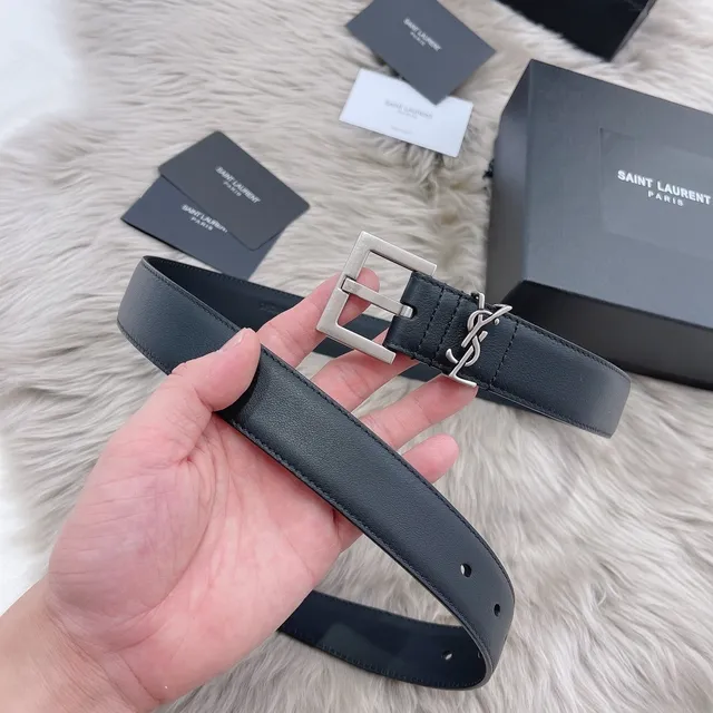 Saint Laurent Monogram 腰带 黑色银色 光滑矩形扣头 皮革腰带 4