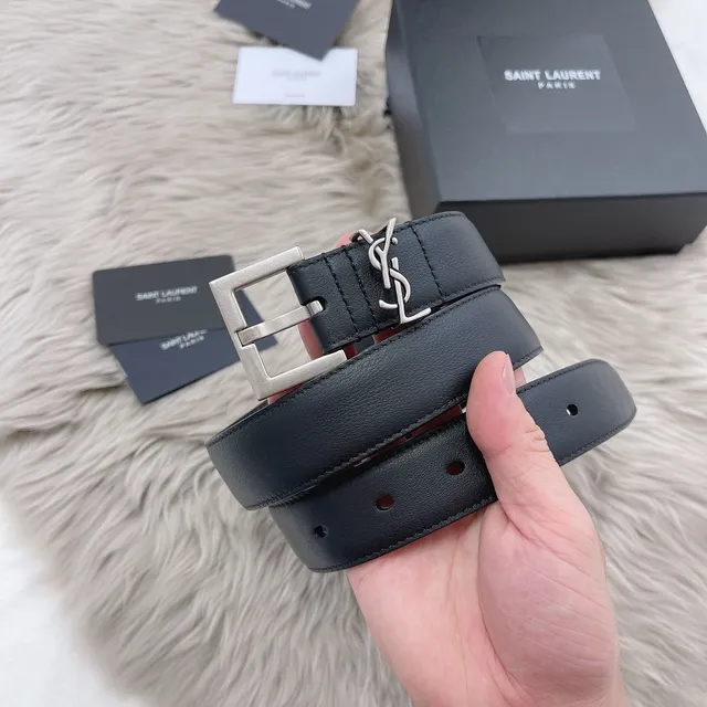 Saint Laurent Monogram 腰带 黑色银色 光滑矩形扣头 皮革腰带 5