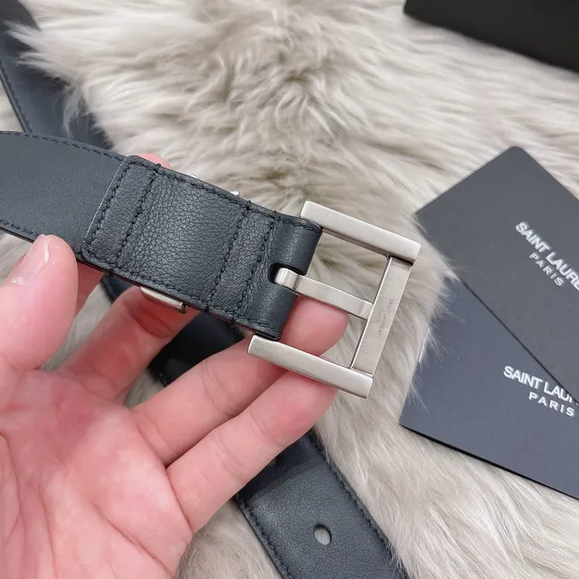 Saint Laurent Monogram 腰带 黑色银色 光滑矩形扣头 皮革腰带 8