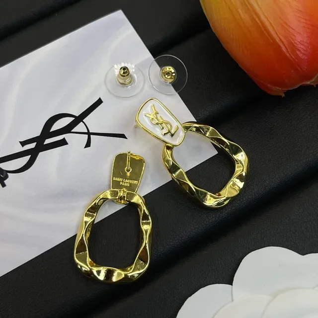 Saint Laurent YSL Logo أقراط حلقية هندسية من مينا وذهبي اللون 5