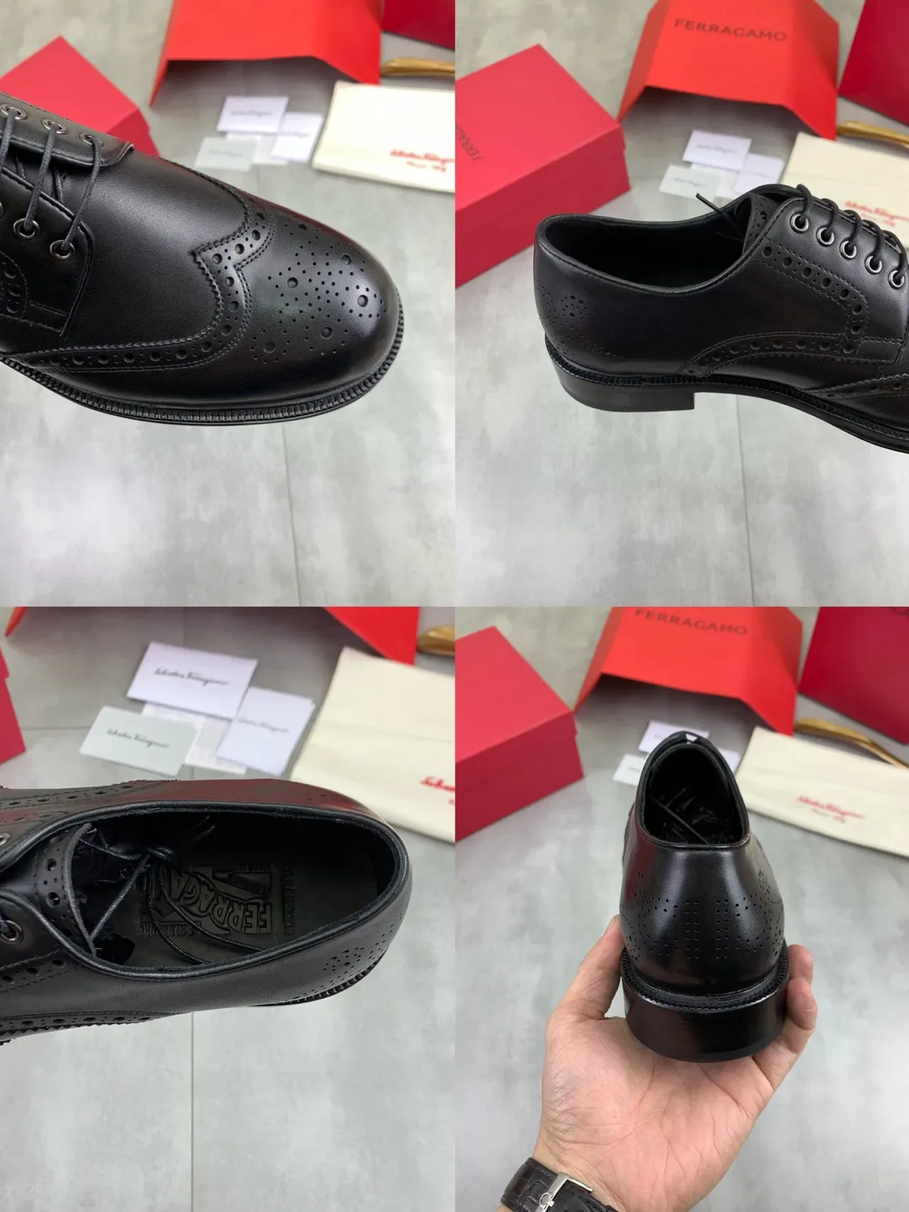 Salvatore Ferragamo Noir Brogue à aile complète 2