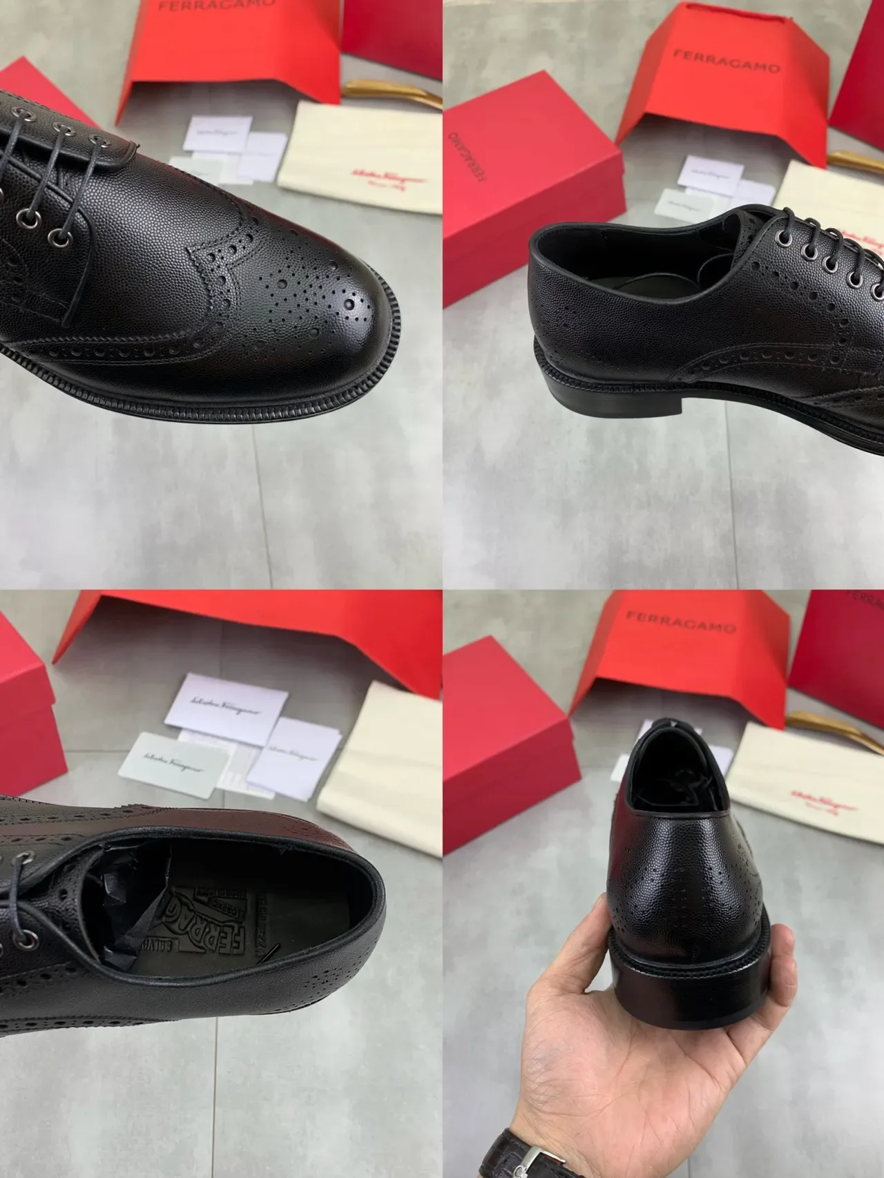 Salvatore Ferragamo Preto Couro Granulado Brogues Full Wingtip 3
