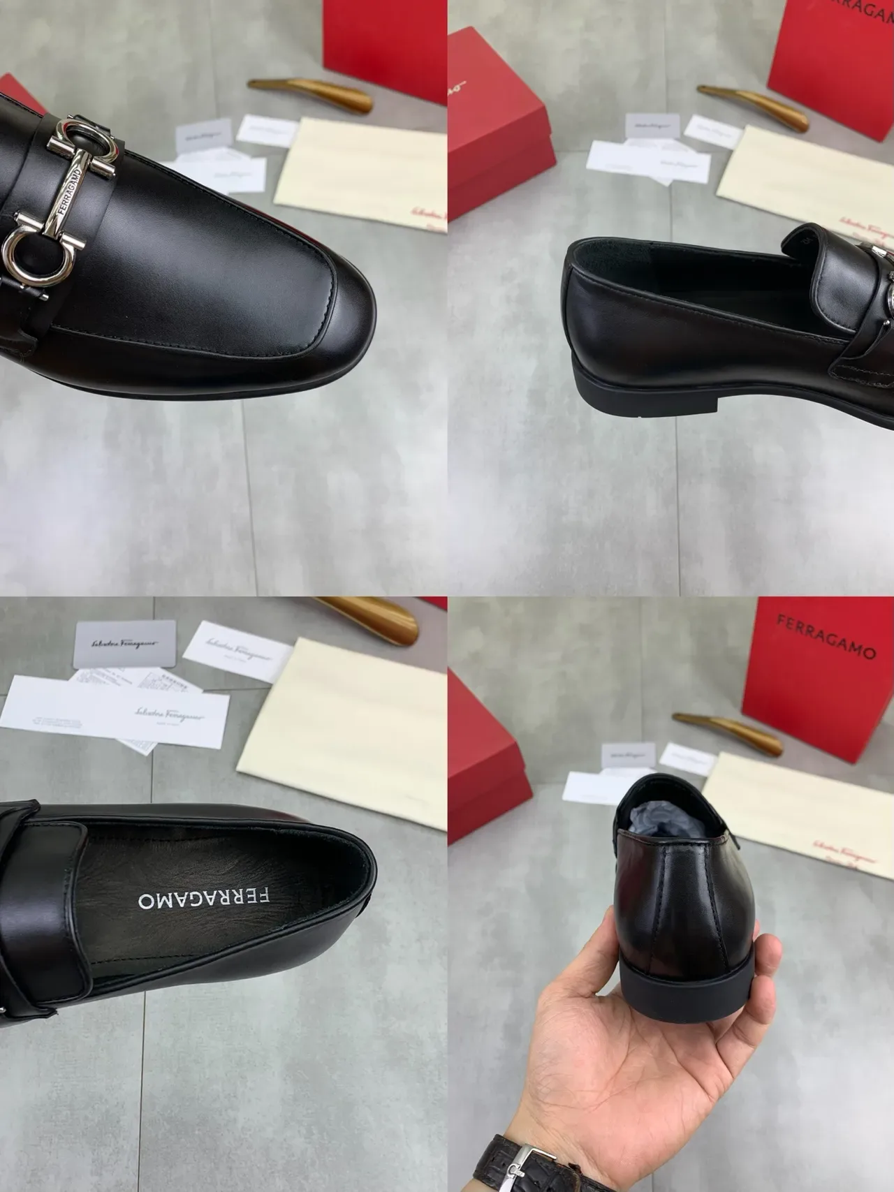 Salvatore Ferragamo Gancini Mocasines de Cuero Negro Punta Cuadrada 2