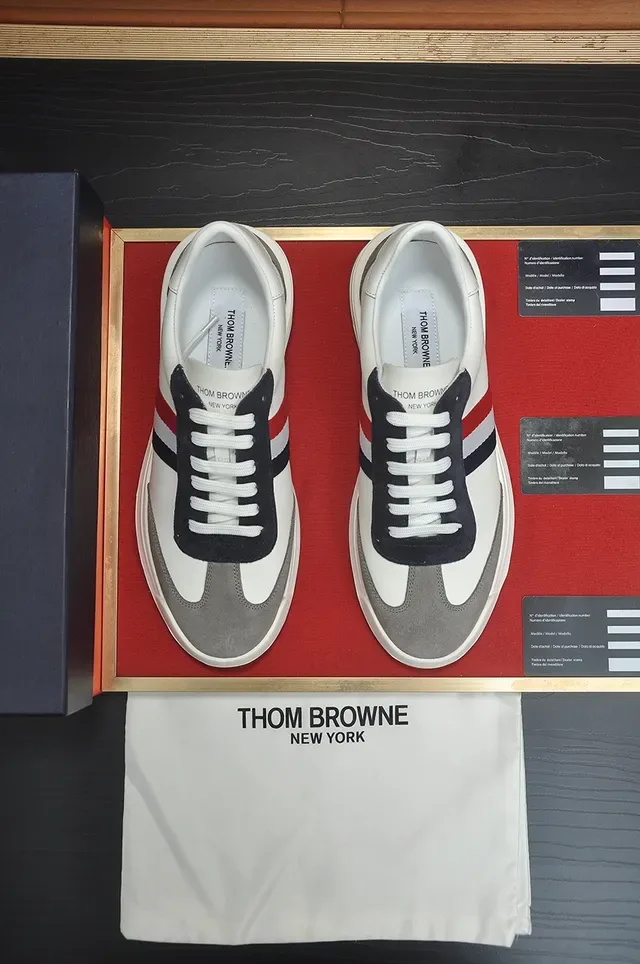 Thom Browne White Gray Low-Top Leather-Suede Hybrid Lifestyle Sneakers 5