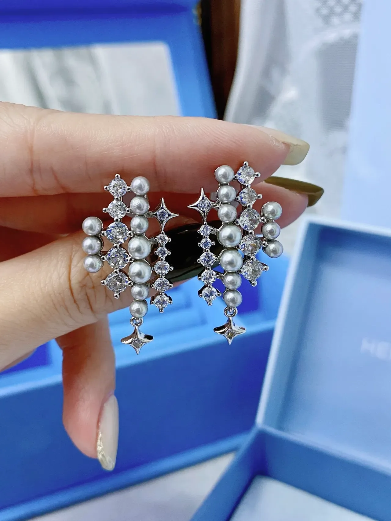 Tiffany & Co. Pearl and Crystal Star Cluster Drop Earrings 6