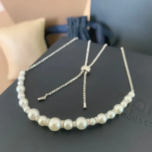 Tiffany & Co. सफेद चांदी की पतली चेन मोती और हीरा वैकल्पिक हार 5