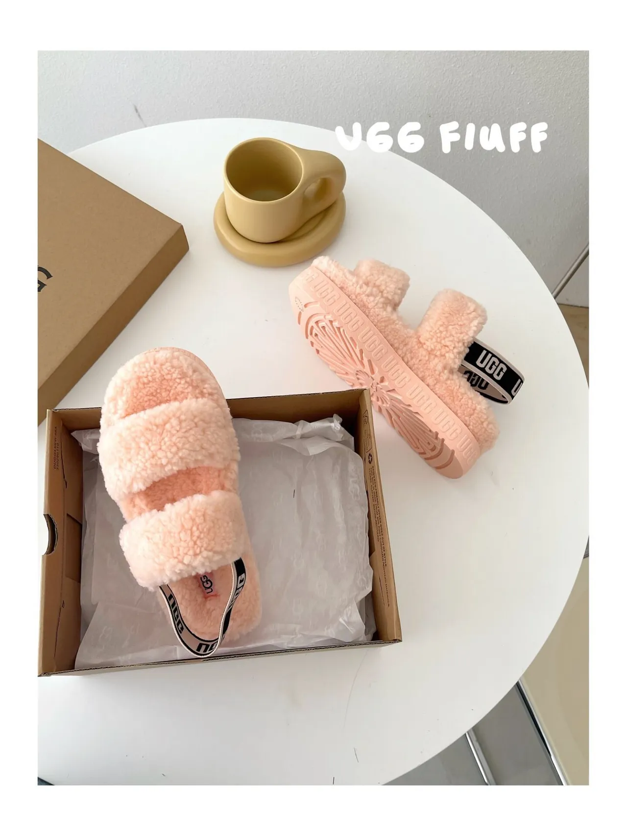 UGG Fiuff গোলাপি ফ্লাফি শিয়ারলিং প্ল্যাটফর্ম স্লিপার 3