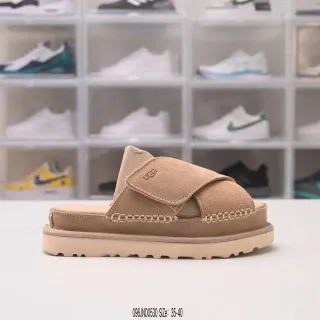 UGG Tasman 米色麂皮交叉带平台拖鞋