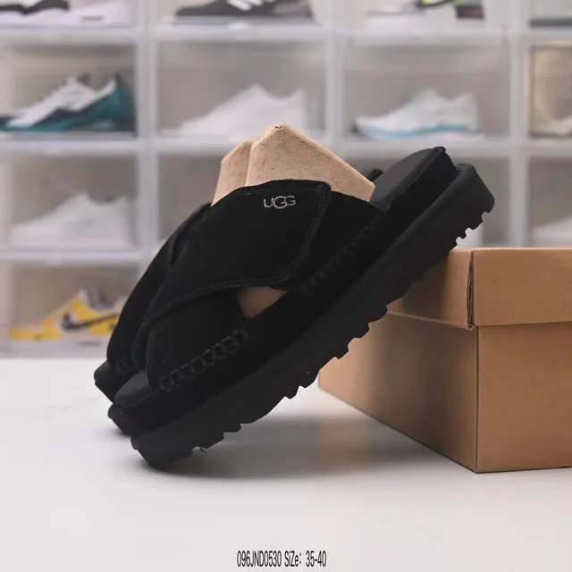 UGG Tasman Black Suede Platform Slippers 6