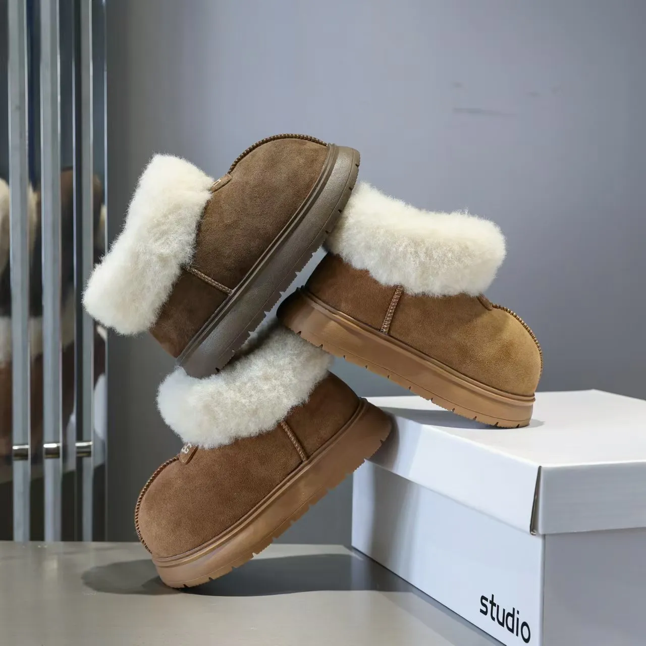 UGG Tasman Brown White Suede Upper Shearling Cuff Snow Boots 3
